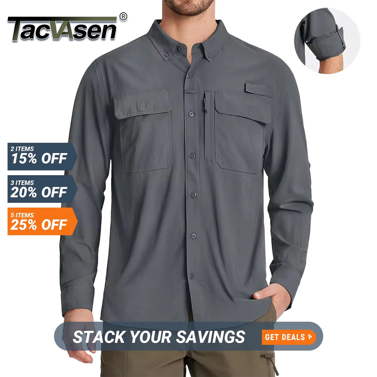 TACVASEN UPF 50+ Sun Protection Fishing Shirts Men's Quick Dry Long Sleeve Shirts Mesh Breathable Hiking Work Cargo Shirts