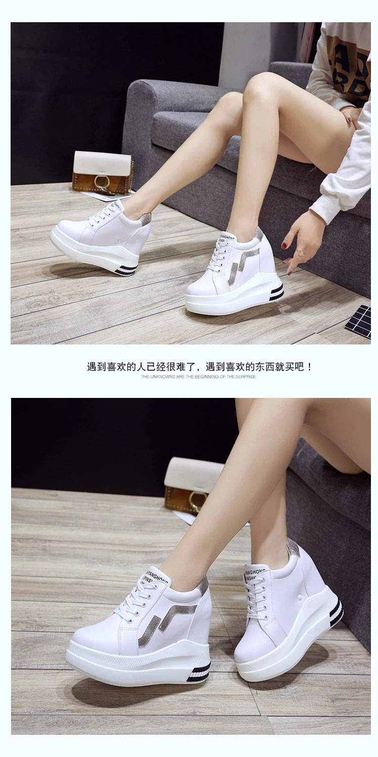 Women's Ankle Boots Autumn Leather Chunky Shoes Woman Platform Height Increased Sneakers 10.5CM Thick Sole Wedges White Boots