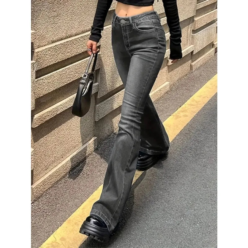 Womens Stretch Jeans Gray Slim Fit Bootcut Flare Trousers Simple Design Versatile Fashion Trendy Jeans Women's Pants
