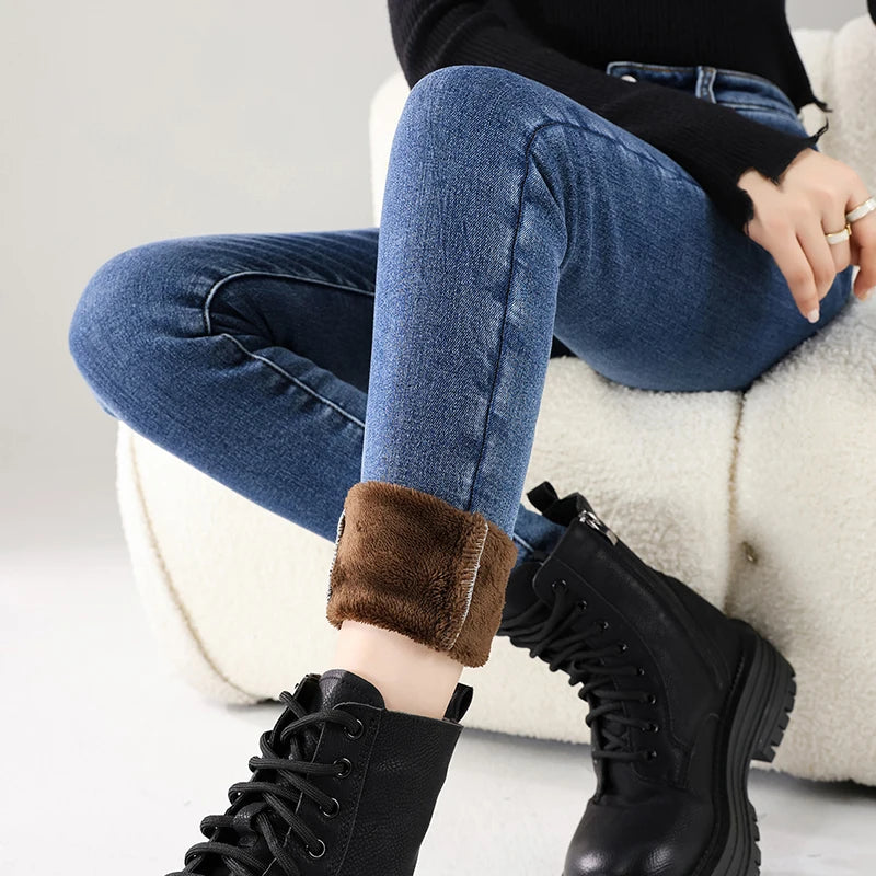 Women Thermal Jeans Winter Snow Warm Thickened Fleece Stretch Skinny Pencil Pants Fashion Korean Slim Fit Velvet Plush Pants