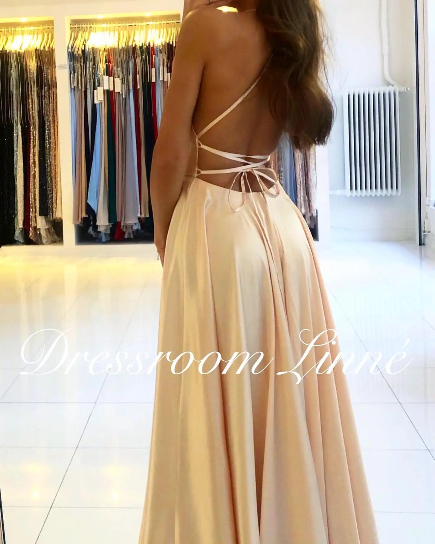 BABYONLINE Simple In Stock Soft Sliky Satin Bridesmaid Dresses Cowl Neck Tieing Thin Straps Leg Slit and Flowing A-line Dress