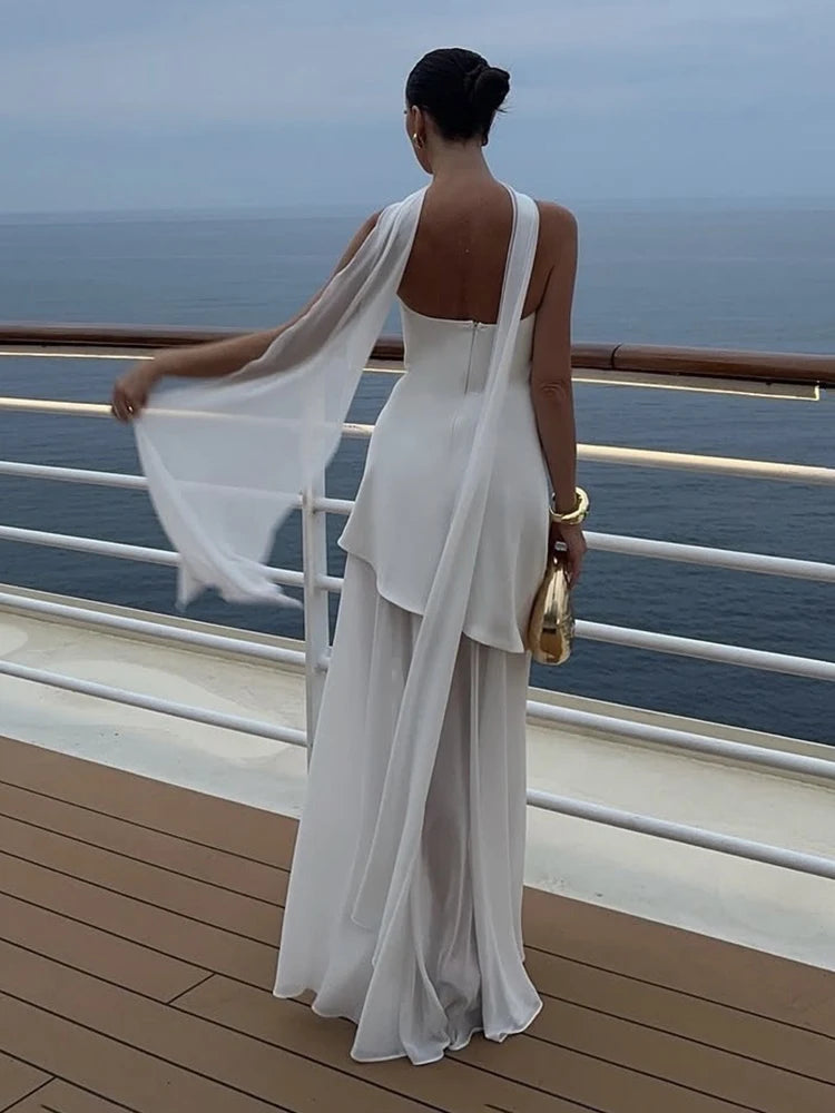 Elegant Women's Strapless Ribbon Long Dress Vintage Mesh Patchwork Corset Maxi Dresses Summer Evening Wedding Guest White Yellow