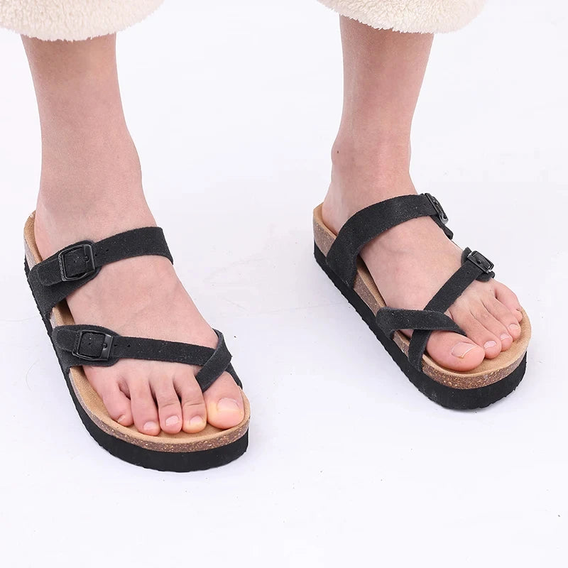 Shevalues Women Sandals Fashion Casual Cork Slippers Comfort Flats Slides With Adjustable Buckle Female Thick Sole Home Shoes