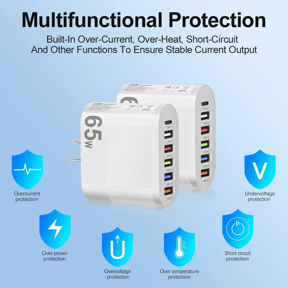 3.1A 5 Ports USB Charger PD Fast Charging Adapter For iPhone Xiaomi Samsung Mobile Phone EU/US/UK Plug Charge QC3.0 Wall Charger