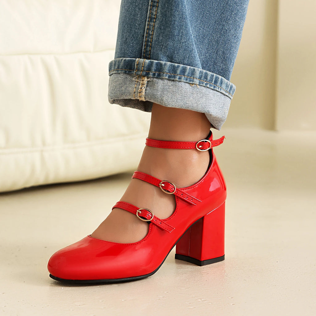 Pu High Heels Square Heel MARY JANES Square Toe Casual 2024 High Quality Ladies Shoes Buckle Strap Solid Fashion Pumps