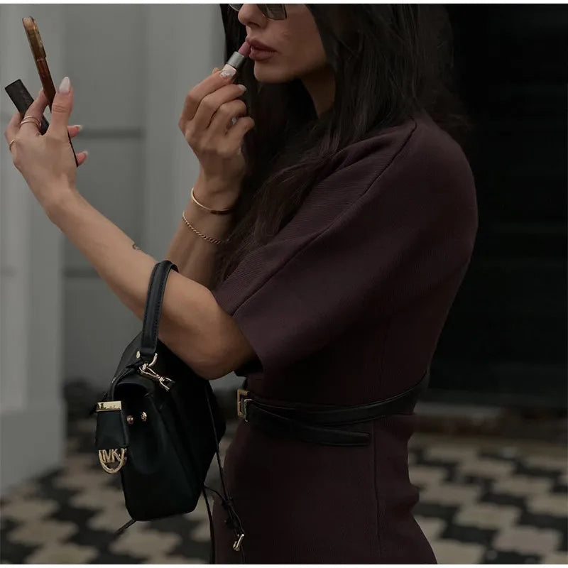 2025 Chic Splicing Brown Half Sleeve Maxi Dress Women's Casual Pleated A-line Slim Vestidos Female Office Commute Street Robes