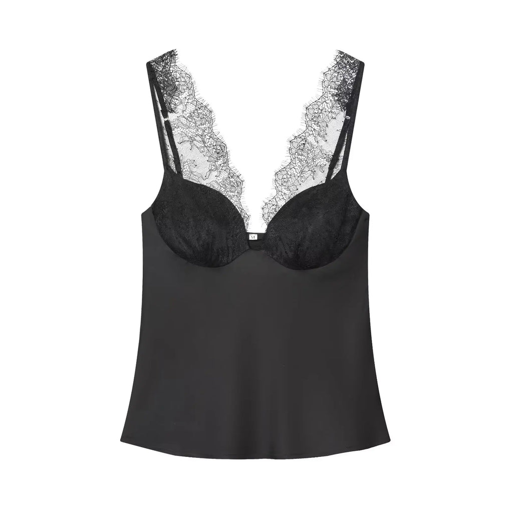 TFMLN Women Lace Splice Sexy Sling Sleeveless Tops 2026 New Fashion Deep V Neck Elegant Outfit Chic Street Casual Clothing
