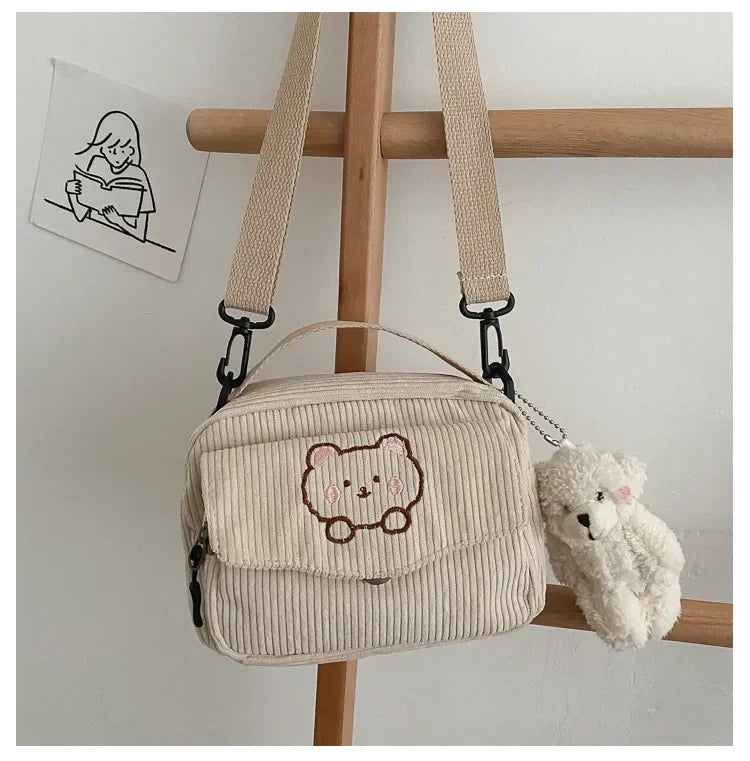 Personalized Teddy Bear Embroidered Diagonal Shoulder Bag, Corduroy Leisure Bag, WOMEN'S Crossbody Bag