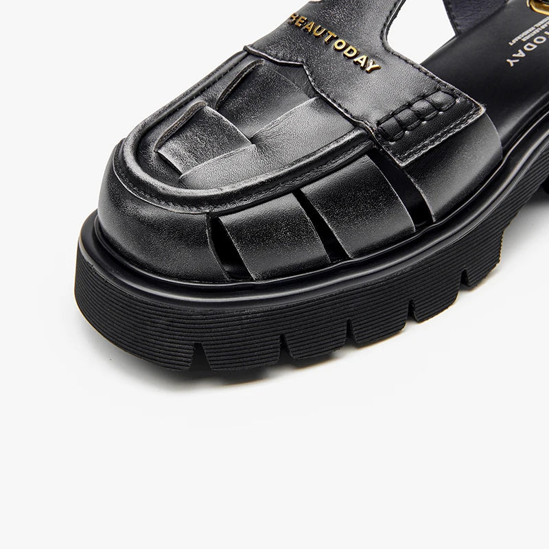 BEAUTODAY Gladiator Platform Sandals Women Solid Buckle T-Strap Thick Sole Retro Rome Summer Beach Ladies Shoes Handmade 38260