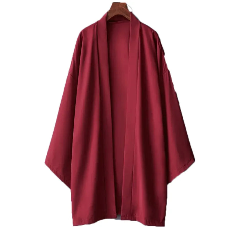 2024 New Men's Long Solid Color Japanese Kimono Poncho Summer Casual Loose Women's Yukata Haori Beach Black Hiyoshi Shirt Jacket