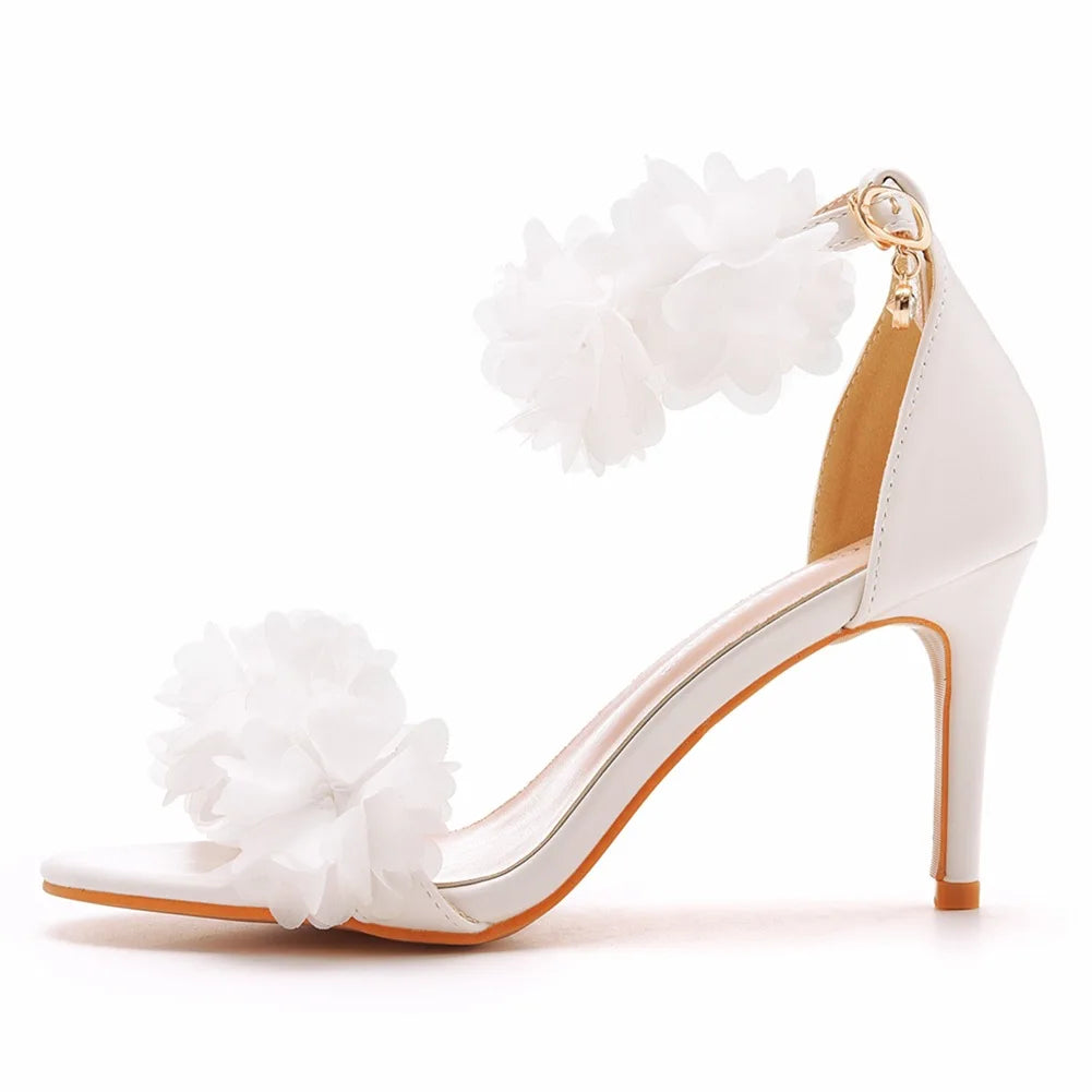 Women Sandals Fashion Sandalias Flower Decoration PU 8CM Cover Heel Buckle Strap White Solid Bridal Wedding Sweet Women's Shoes