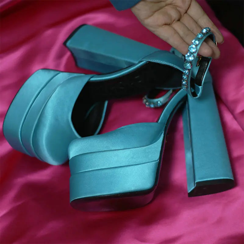 High Heels Women 2025 New Fashion Show 15cm Personality Super High Heel Waterproof Square Head Black Silk Runway Shoes