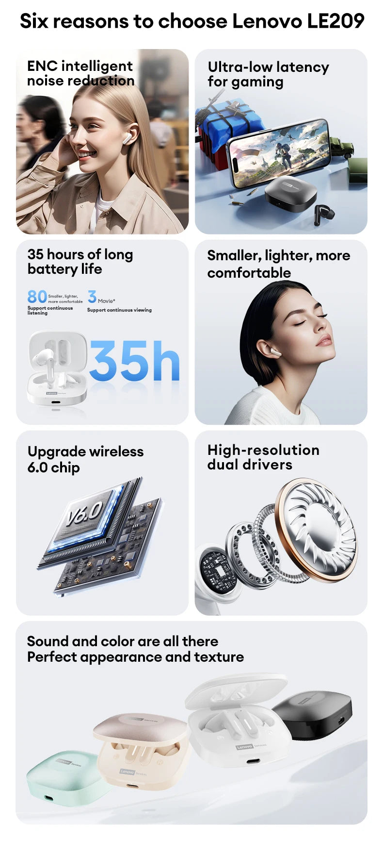 New Lenovo LE209 Wireless Bluetooth Earphone ANC Noise Reduction HiFi Music Bluetooth Headphone 30H Battery Life Gaming Headset