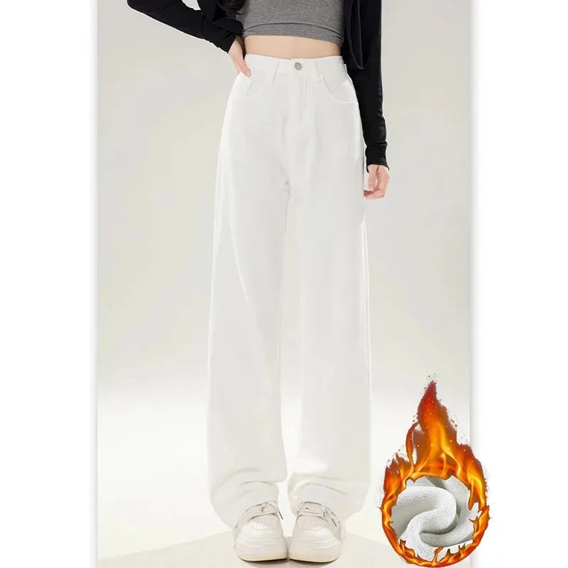Winter Korean Fleece Thermal Straight Women's Jeans Girls Snow Warm Casual High Waist Denim Pants Lady Daily Loose Leg Trousers