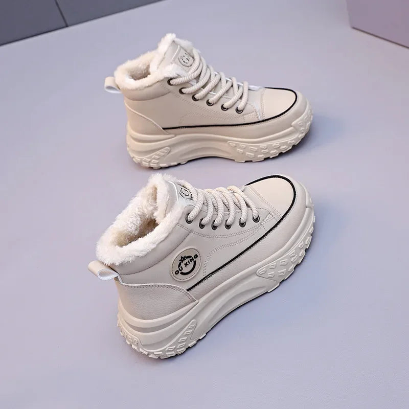 Women's Winter 2023 New Style Flat Boots Fleece Lined Thickened Warm Cotton Shoes High Top Little White Shoes Hx-q037