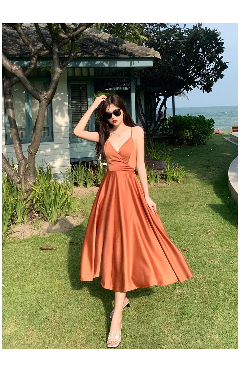 New ivory Caramel terracotta Auburn satin 120cm over knee spaghetti backless strap summer lady girl dress gown daily wear