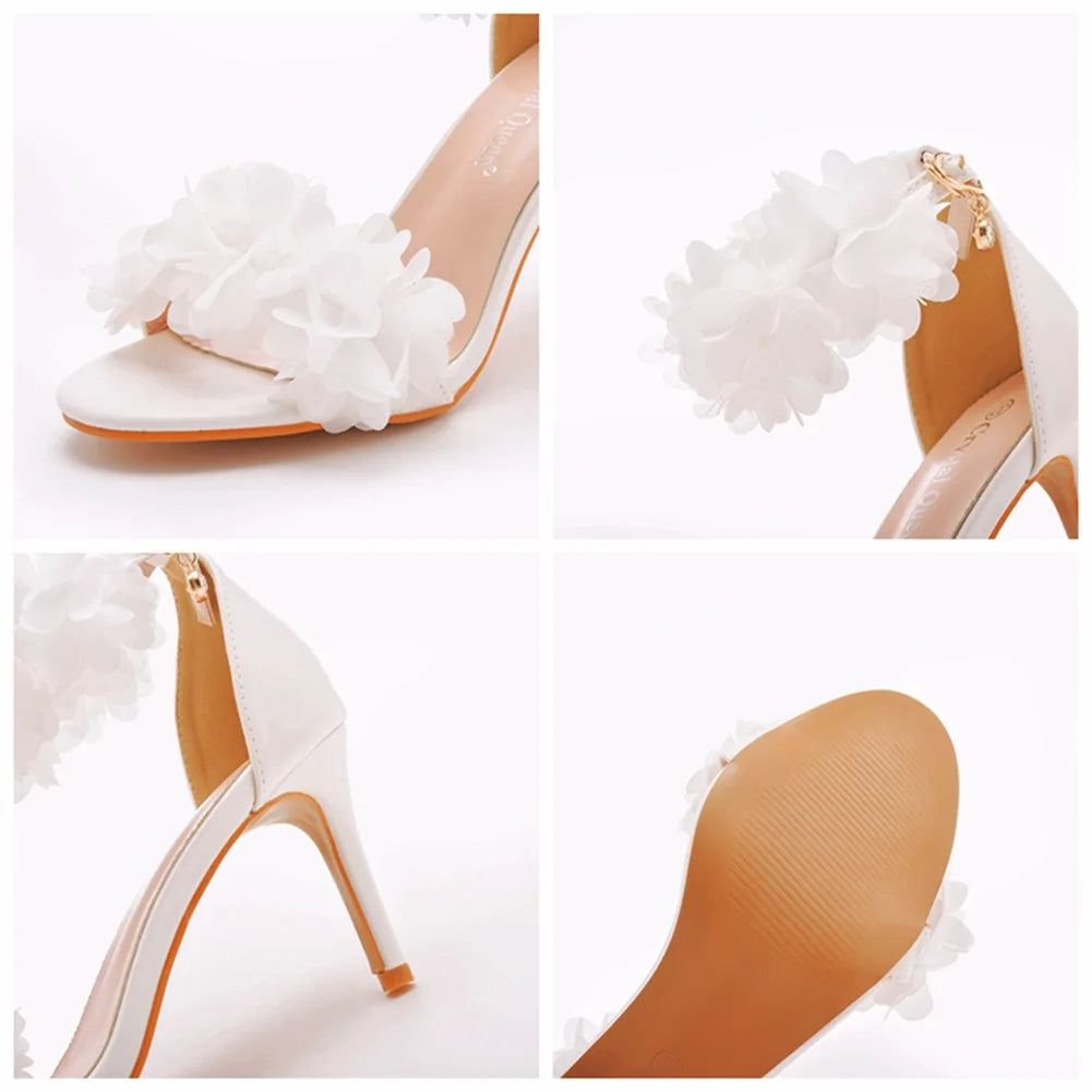Women Sandals Fashion Sandalias Flower Decoration PU 8CM Cover Heel Buckle Strap White Solid Bridal Wedding Sweet Women's Shoes