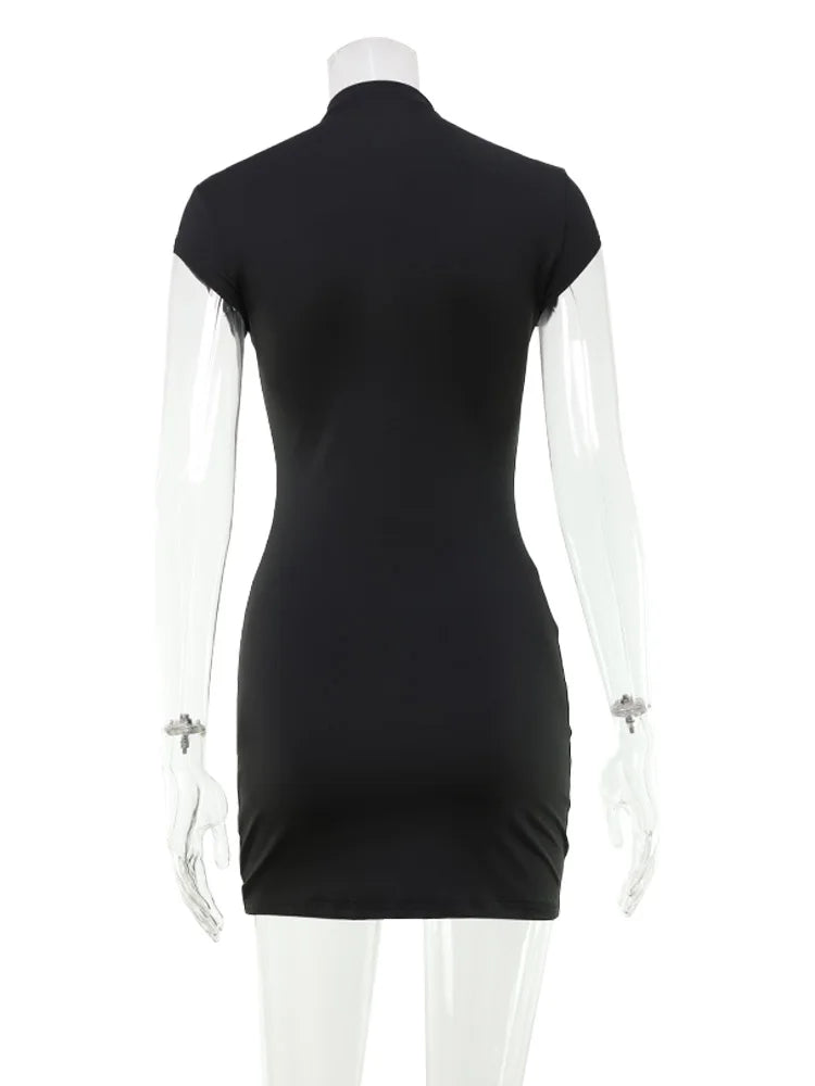 CNYISHE Solid Butoon High Collar Short Sleeve Women Dresses Sheath Trendy Chic Sexy Club Hot Girl Hip Wrap Outfits Female Skinny