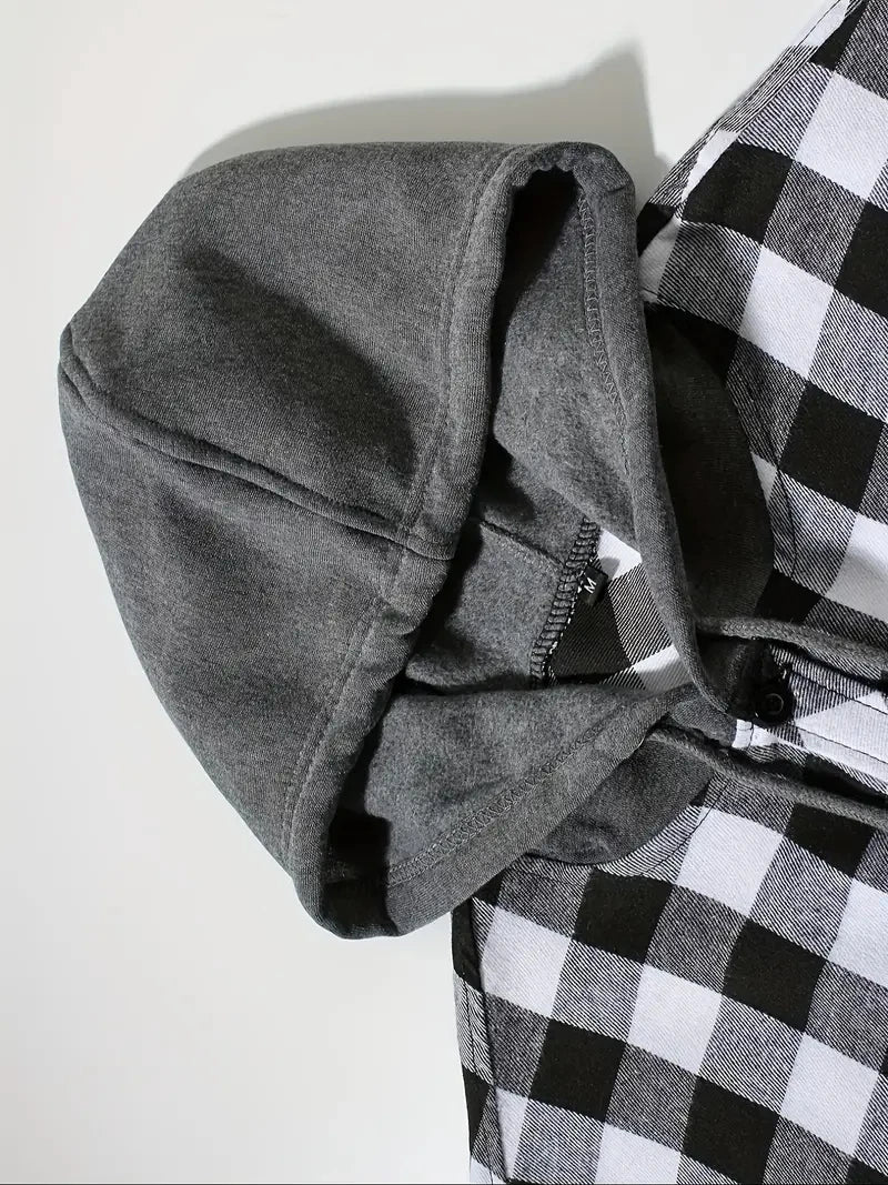 Youth Fashion Street Hooded Plaid Shirt Men's Slim Fit Long Sleeved Shirt Couple Travel Casual Shirt Men's Sports Shirt Jacket