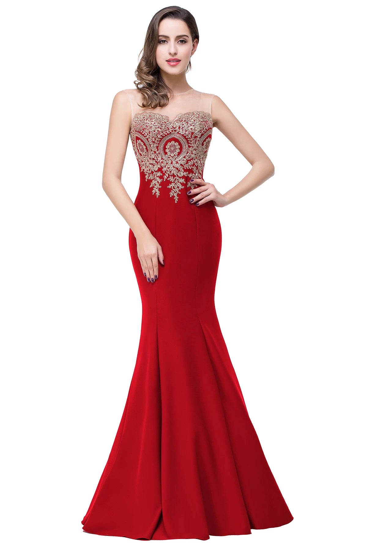 BABYONLINE Golden Appqulies Bridesmaid Dresses for Women Maxi Floor Length Mermaid Gowns Elegant Sweetheart Illusion Summer