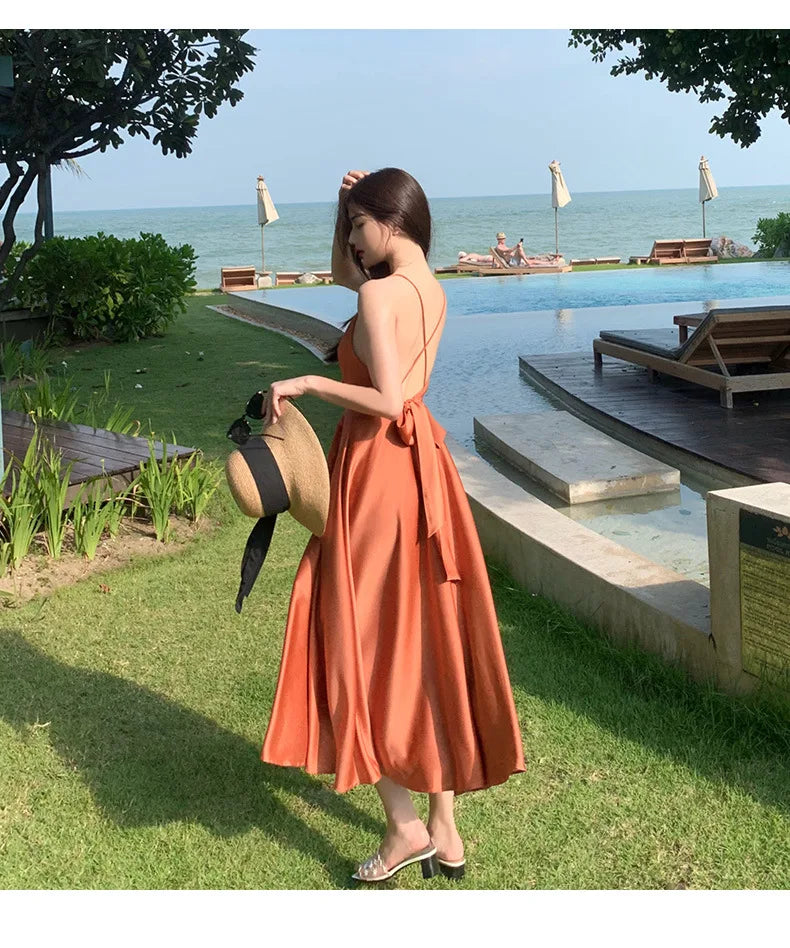 New ivory Caramel terracotta Auburn satin 120cm over knee spaghetti backless strap summer lady girl dress gown daily wear