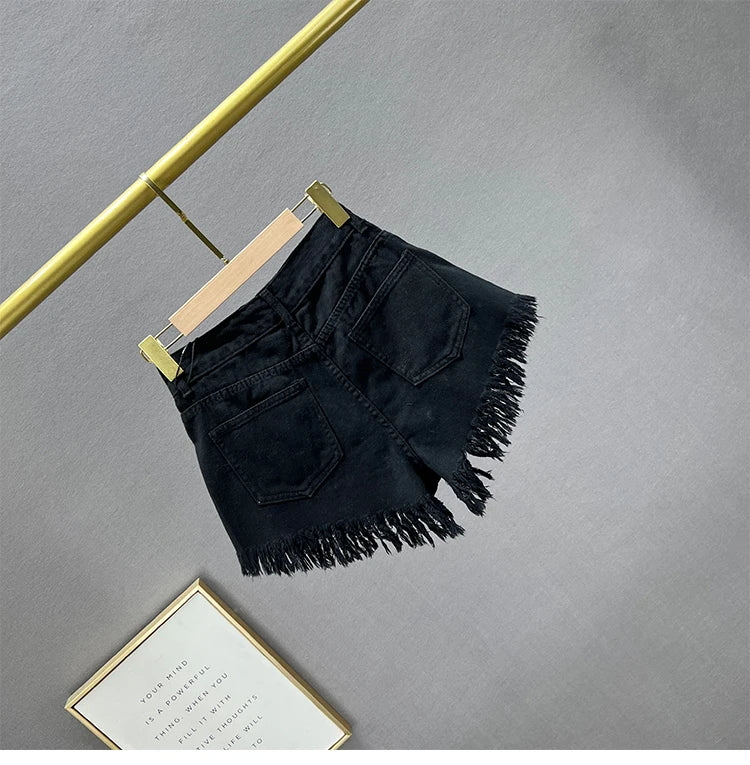 Diamond-Embedded Denim Shorts Women's Fashionable 2023 New Summer High Waist Loose Slimming Raw Hem Wide Legs Short Hot Pants