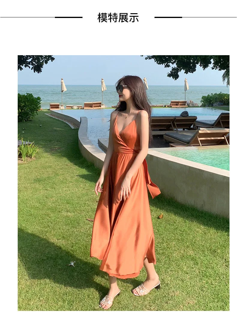 New ivory Caramel terracotta Auburn satin 120cm over knee spaghetti backless strap summer lady girl dress gown daily wear
