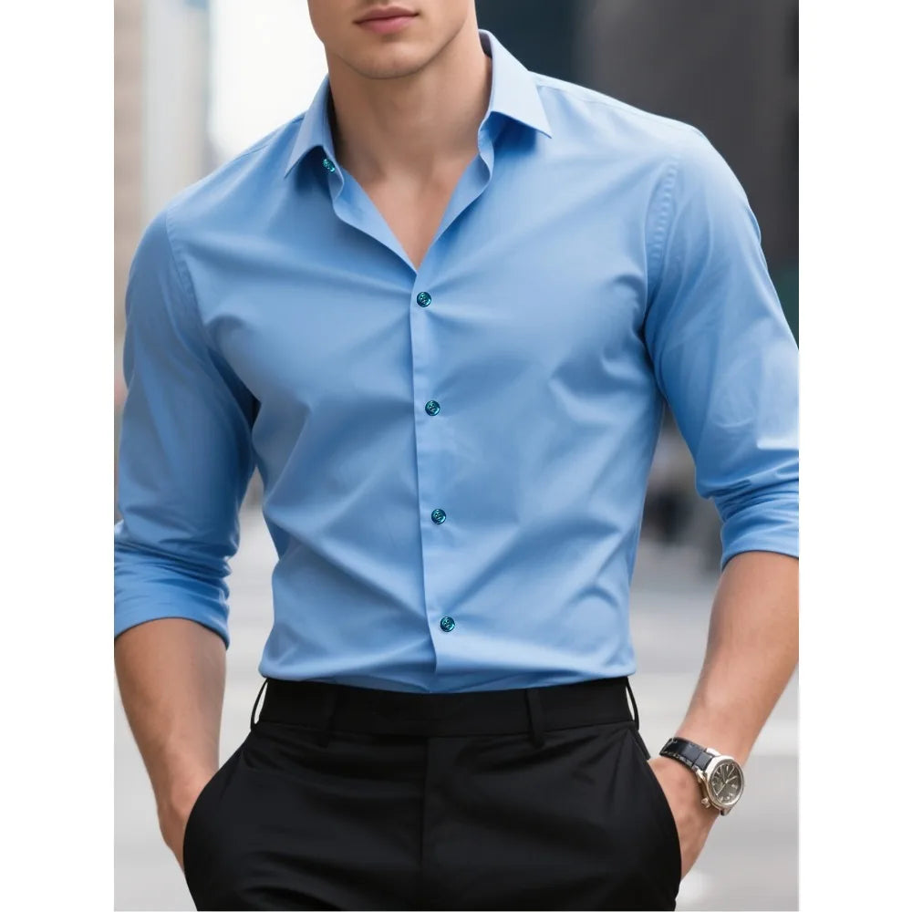 FGKKS New Men Shirt Brand New Solid Color Long Sleeve Elastic Fabric Men's Multiple Colors Male Quality Basic Shirt