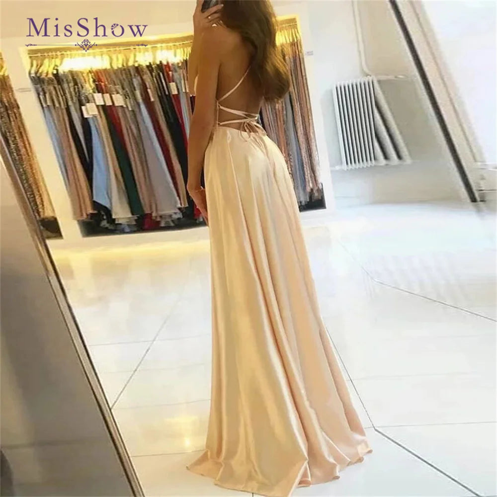 MisShow Women's Elegant Bridesmaid Dresses For Wedding 2024 Sexy Spaghetti Straps Split Long Satin Prom Evening Party Gowns