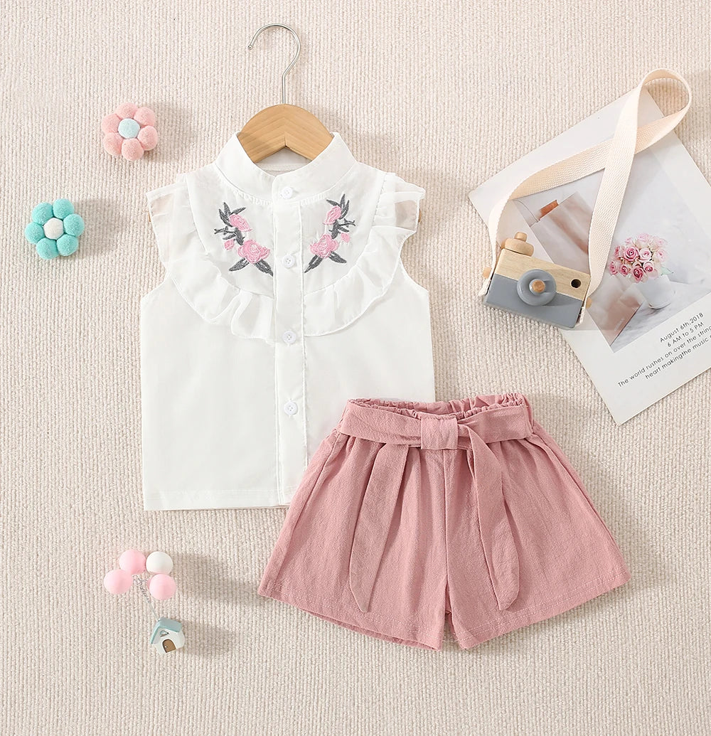 Girl Clothes Summer Floral Pattern Lapel Lace Trim Sleeveless Casual Children's Costume Cute Simple Girl Outfit