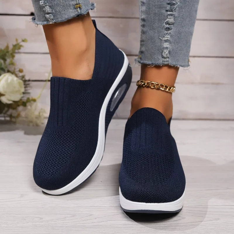 2025 Summer Fashion Mesh Breathable Sneakers Casual Solid Color Thick-soled Wedge Shoes Comfortable Walking Vulcanized Shoes
