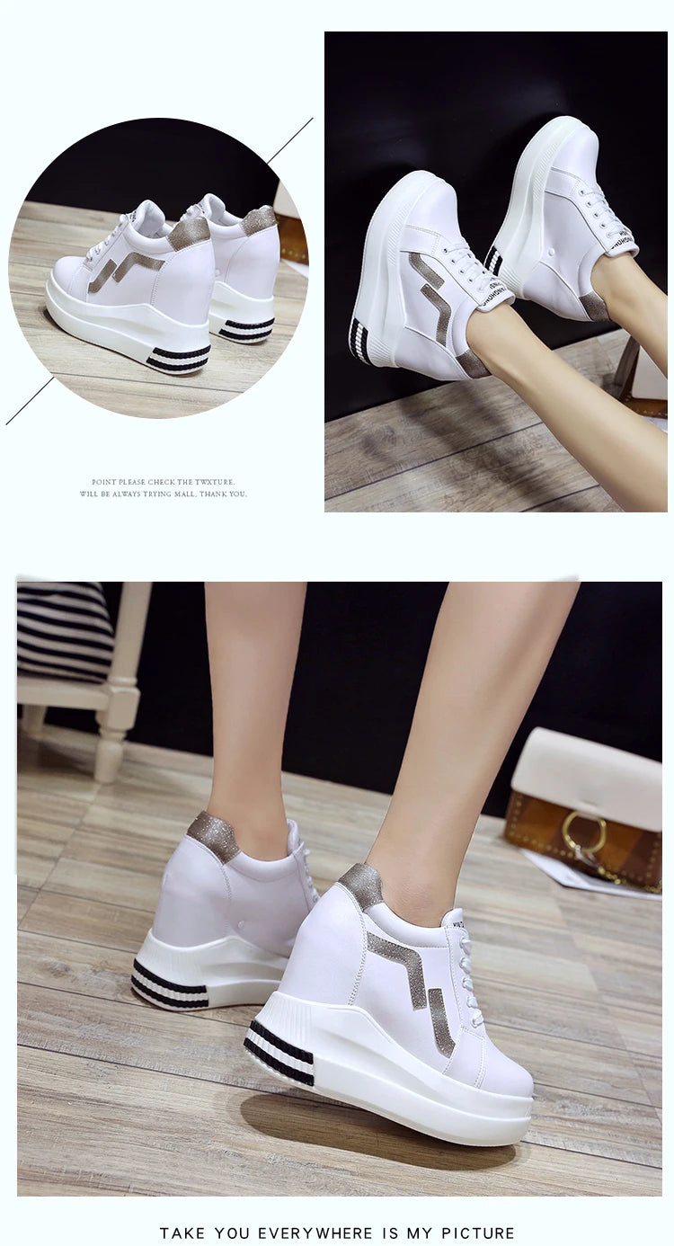 Women's Ankle Boots Autumn Leather Chunky Shoes Woman Platform Height Increased Sneakers 10.5CM Thick Sole Wedges White Boots