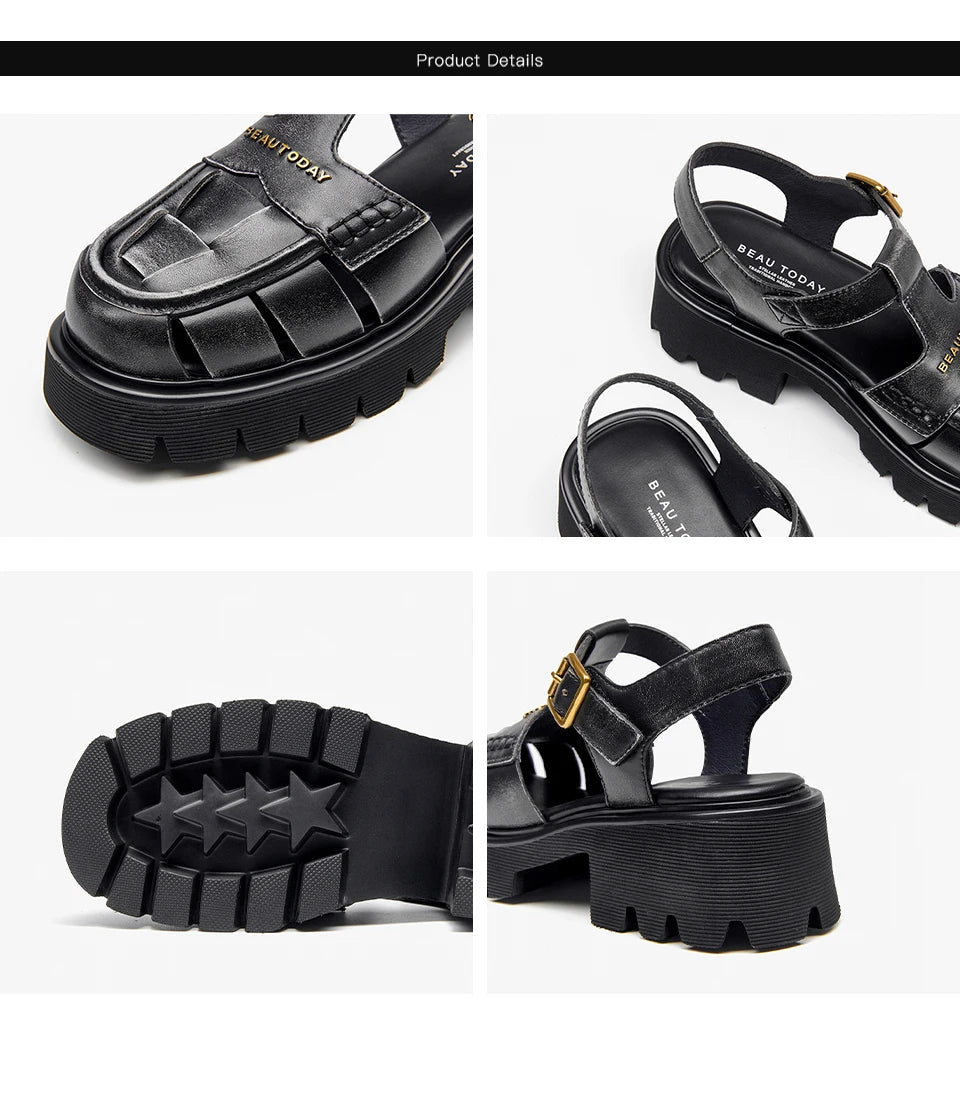 BEAUTODAY Gladiator Platform Sandals Women Solid Buckle T-Strap Thick Sole Retro Rome Summer Beach Ladies Shoes Handmade 38260