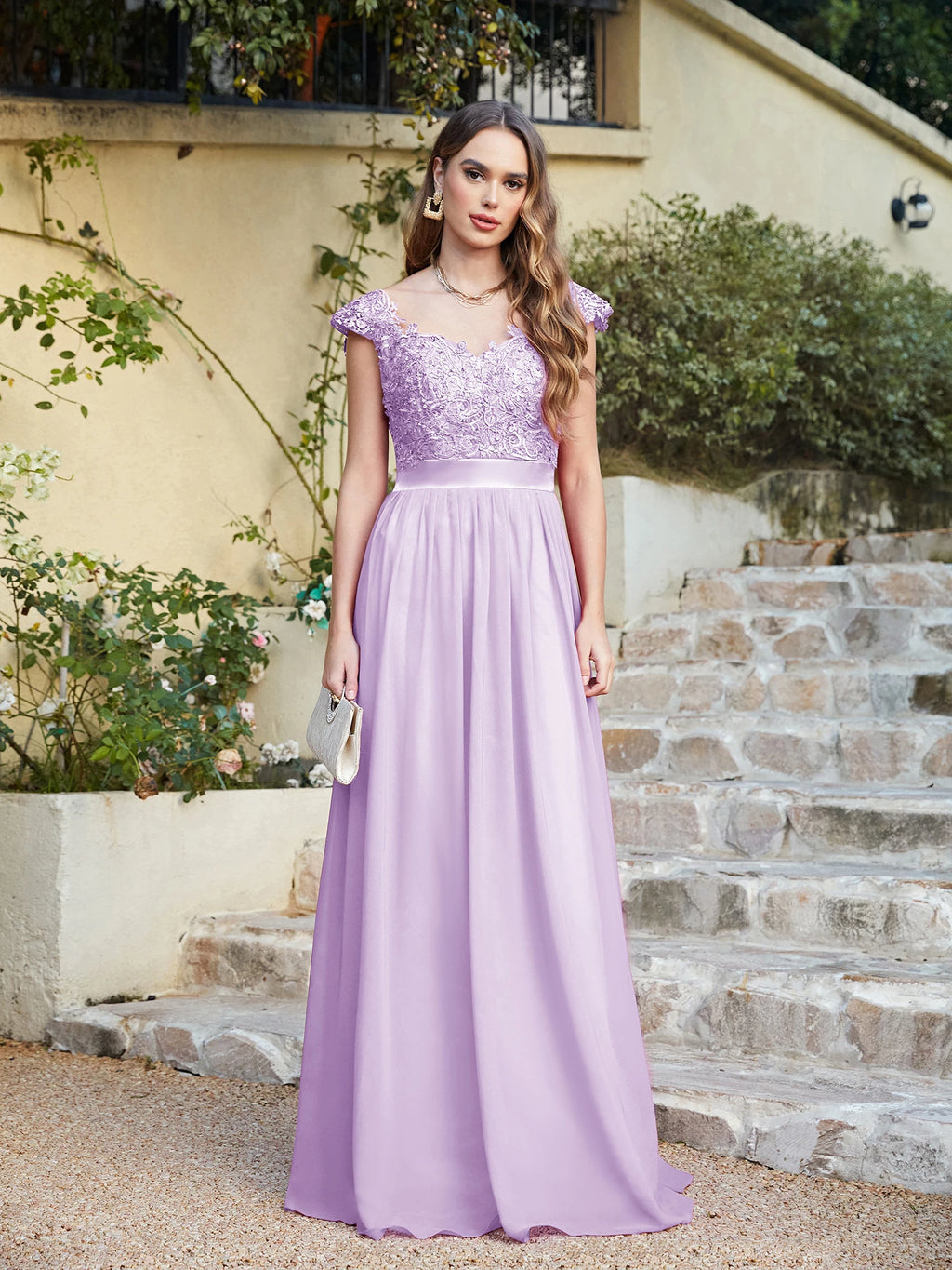 A-line V Neck Sleeveless Floral Lace Chiffon Back Hollow Long Paty Bridesmaid Dress Women 2024 For Wedding Sexy Evening Dress