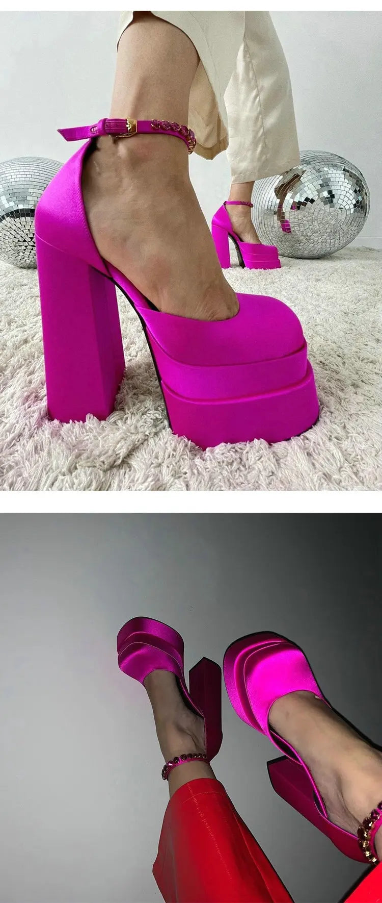 High Heels Women 2025 New Fashion Show 15cm Personality Super High Heel Waterproof Square Head Black Silk Runway Shoes