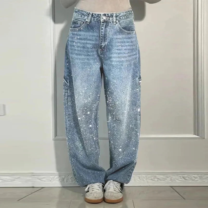 Shiny Rhinestone Baggy Women's Wide Leg Jeans Full Diamond Wide Leg Dragging Denim Pants Vintage Washed Pants Casual Trousers