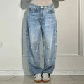 Shiny Rhinestone Baggy Women's Wide Leg Jeans Full Diamond Wide Leg Dragging Denim Pants Vintage Washed Pants Casual Trousers