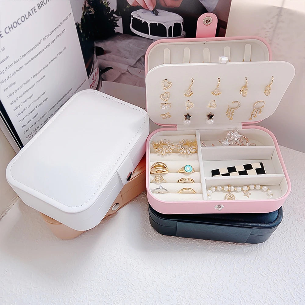 Portable double-layer buttoned jewelry storage box necklace watch, earring ring jewelry