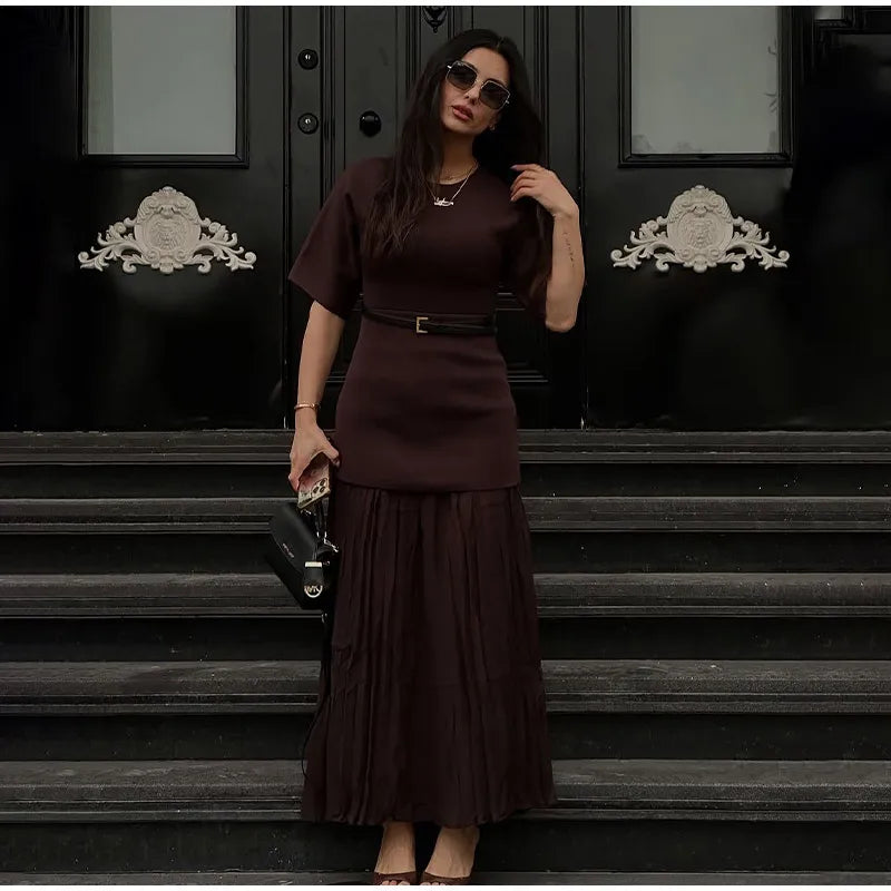 2025 Chic Splicing Brown Half Sleeve Maxi Dress Women's Casual Pleated A-line Slim Vestidos Female Office Commute Street Robes