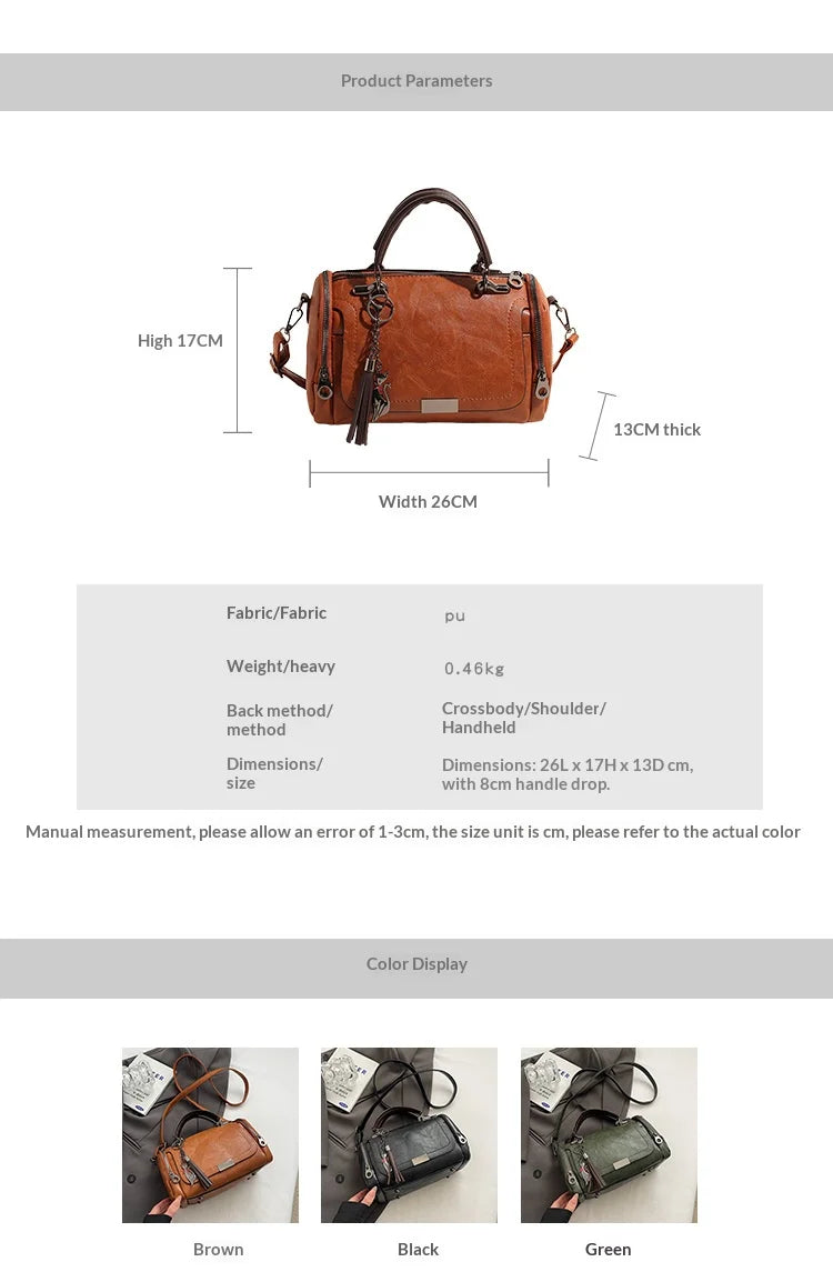 HOMEFISH Large Capacity Shoulder Bag for Women with Tassel Decoration Fashion Detachable Chain Boston Handbag Shoulder Bag
