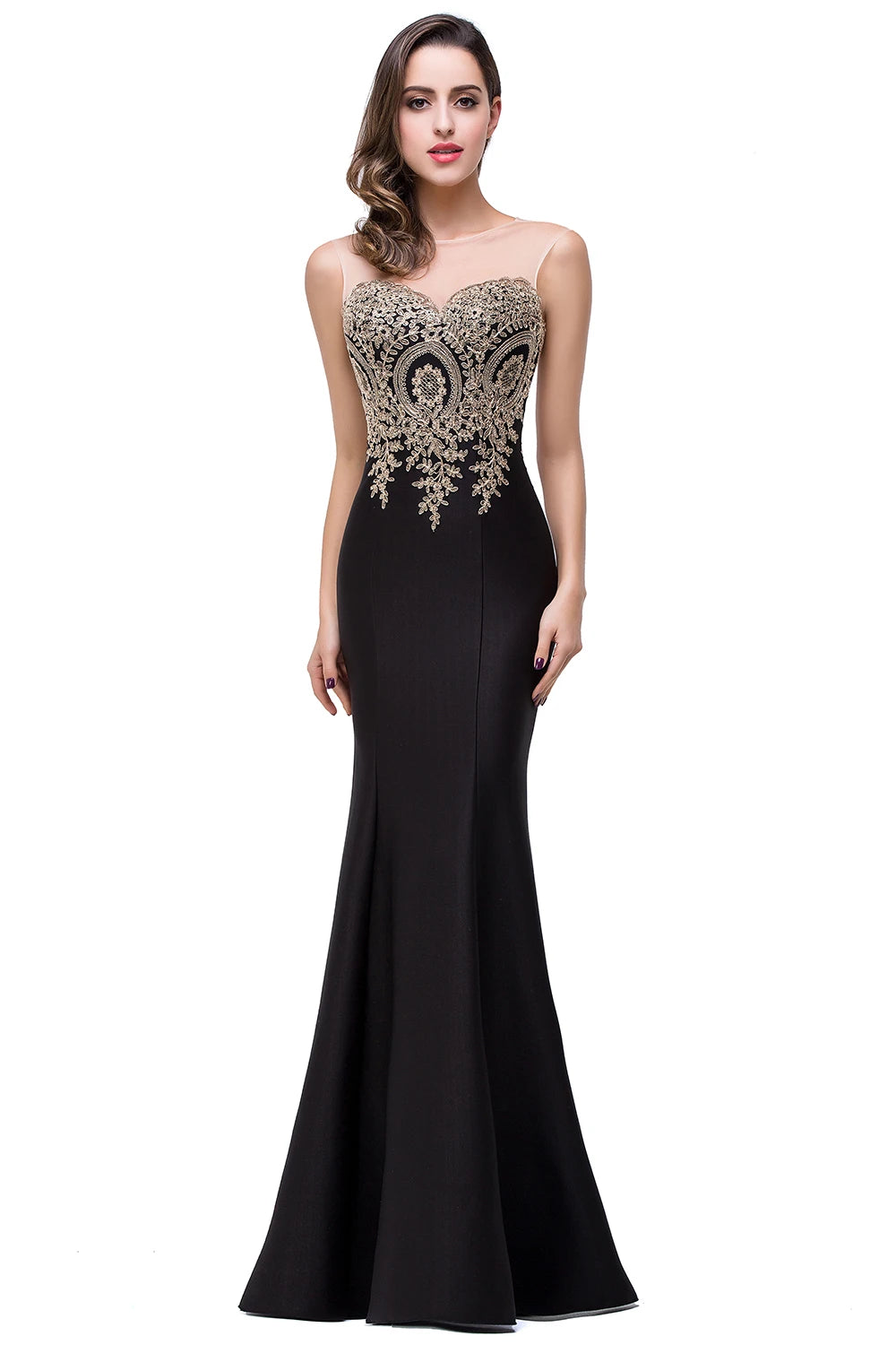 BABYONLINE Golden Appqulies Bridesmaid Dresses for Women Maxi Floor Length Mermaid Gowns Elegant Sweetheart Illusion Summer