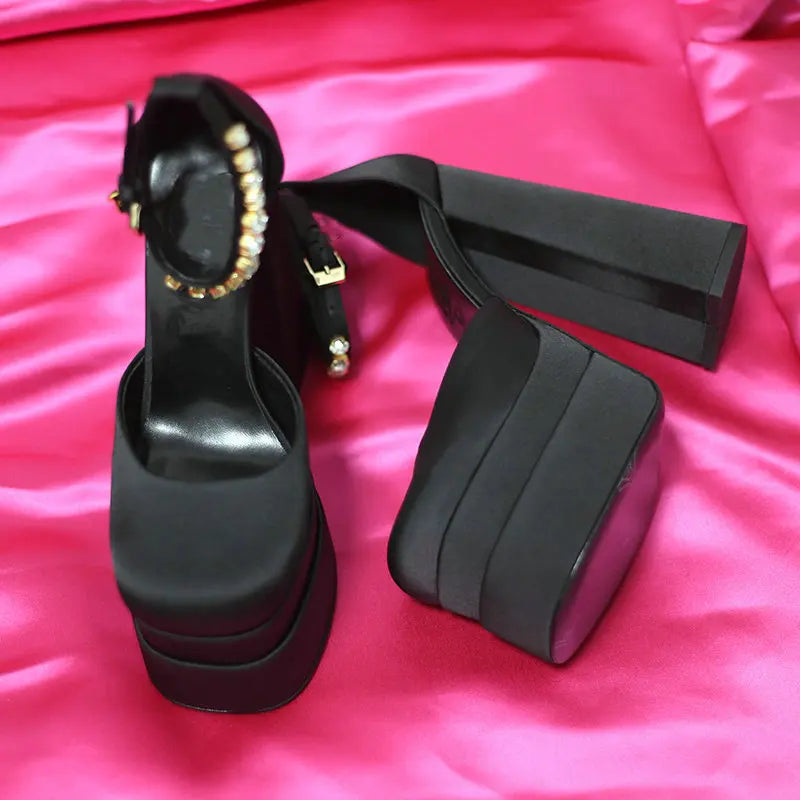 High Heels Women 2025 New Fashion Show 15cm Personality Super High Heel Waterproof Square Head Black Silk Runway Shoes