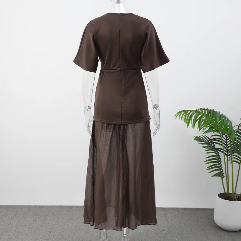 2025 Chic Splicing Brown Half Sleeve Maxi Dress Women's Casual Pleated A-line Slim Vestidos Female Office Commute Street Robes
