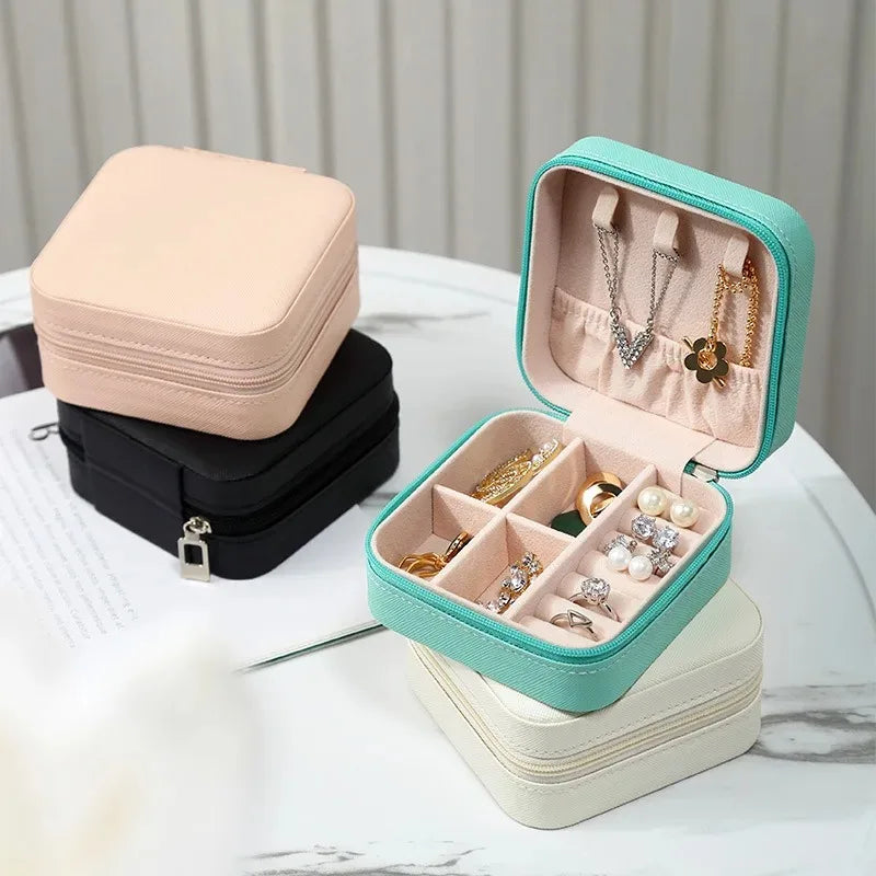 Portable Mini PU Leather Jewelry Box - Velvet Lined Multi-Compartment Organizer for Rings, Earrings & Necklace