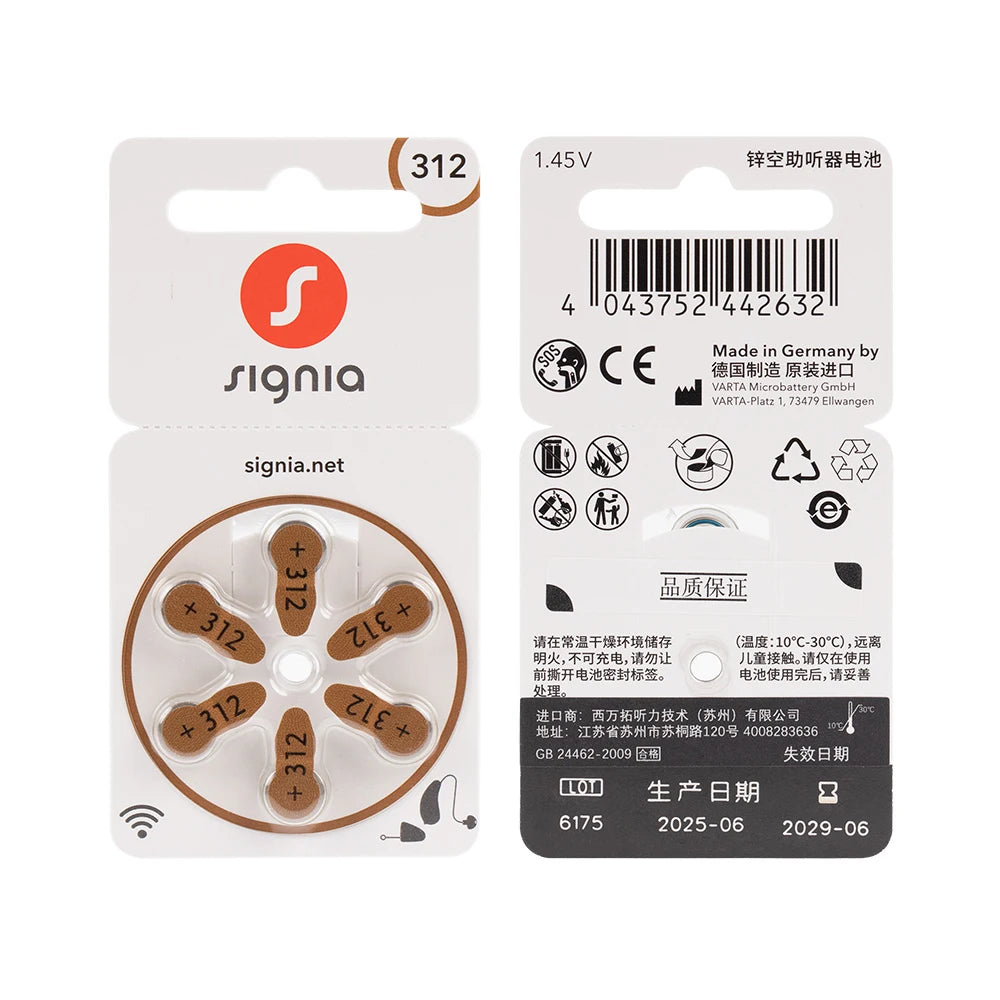 60pcs/Box Signia Zinc Air Hearing Aid Batteries A312 312A ZA312 312 PR41 S312 Battery