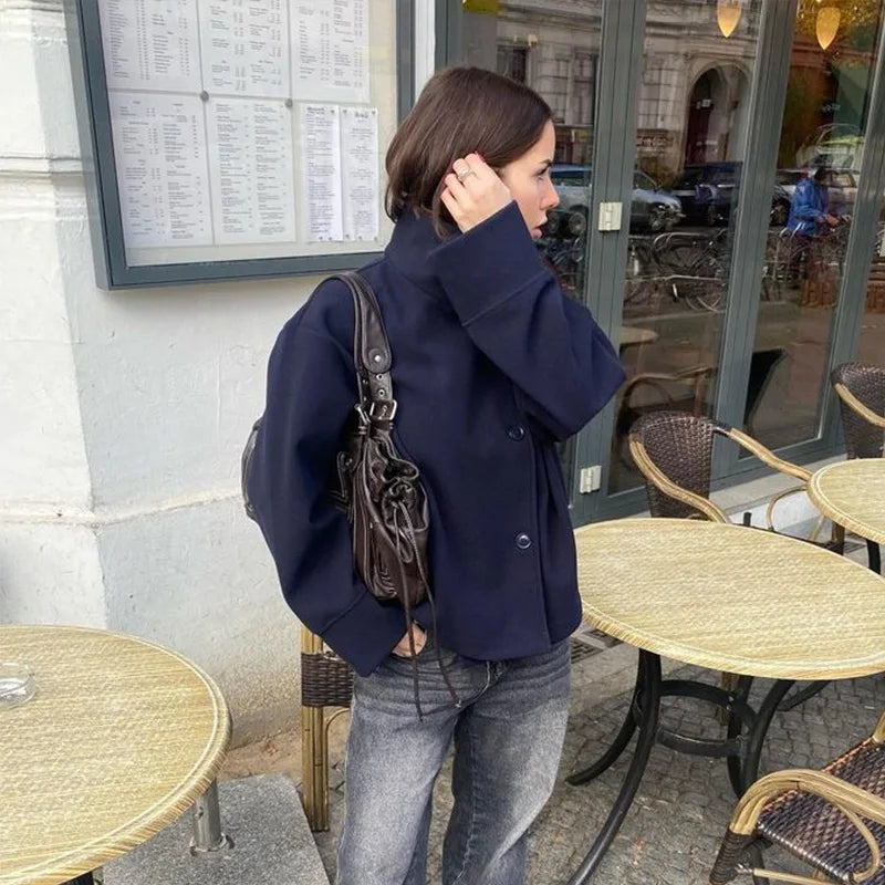 Stand Collar Women Spring Woolen Coats Single Breasted Loose Female Long Sleeve Jacket  Fashion Office Lady Street Short Coat