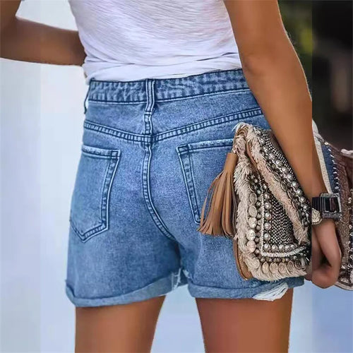 2024 Fashion Folded Leg Denim Shorts Women Mid Waist Broken Holes Three Quarter Pants Summer Commuter Casual Mini Straight Jeans