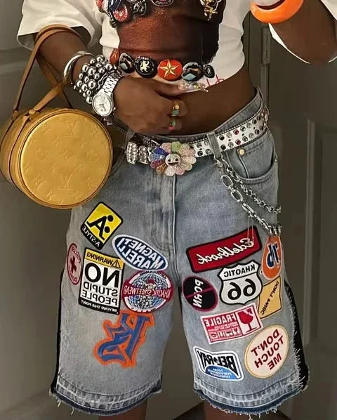 Harajuku Hip Hop Cartoon Denim Shorts Women Embroidery Patchwork Baggy Short American 2000s Y2k Jeans Low Waist Sports Shorts