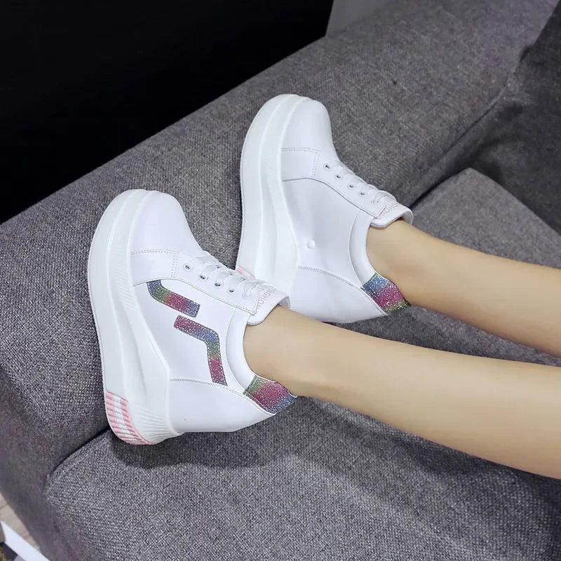 Women's Ankle Boots Autumn Leather Chunky Shoes Woman Platform Height Increased Sneakers 10.5CM Thick Sole Wedges White Boots