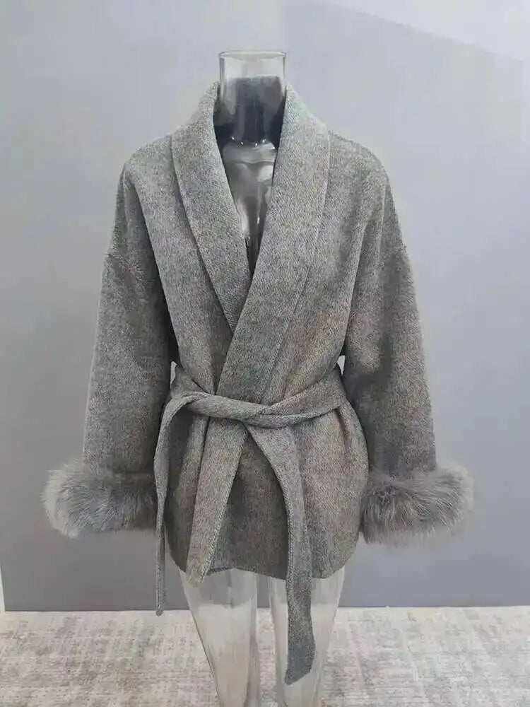 UCXQ Elegant OL Office Lady Overcoats Fur Patchwork Long Sleeve Woolen Coat Beautiful Women's Clothing Jacket Autumn 2025 Winter